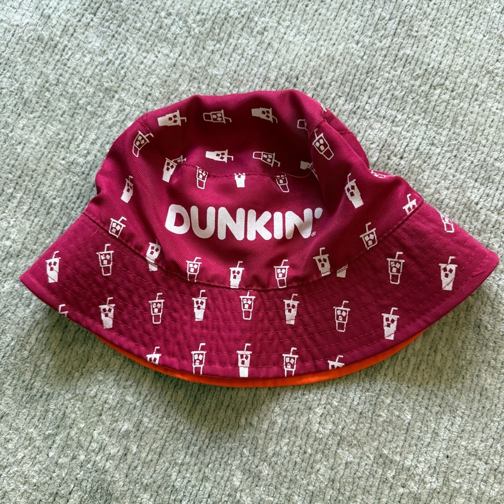 Dunkin Reversible Bucket Hat‎ Pink Orange Logo Drink Print One Size